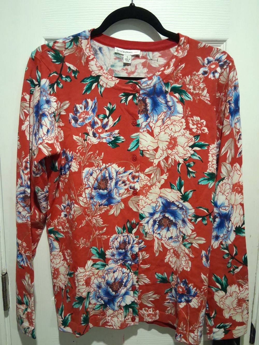 Isaac Mizrahi Coral Floral Button-Up Cardigan with Blue Blooms